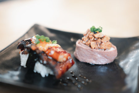 Close-up of Japanese beef sushi. Japan foodの写真素材