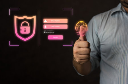 Login with fingerprint scanning technology. Secure encryption and access to private information to access data. Fingerprint data protection with the virtual screen interface. Cybersecurity privacy.の写真素材