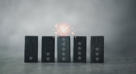 Black wooden blocks with the five star symbol. Customer services best excellent business rating...