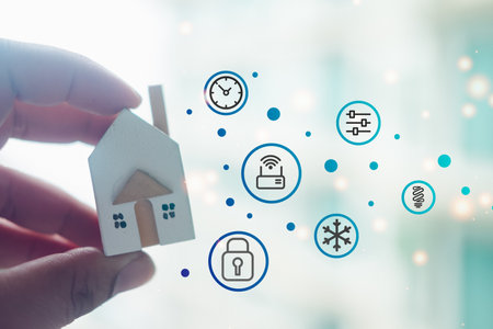 Man holding wood home with a smart home icons. Innovation technology smart home concept.