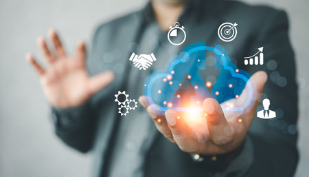 Businessman holding icon cloud computing to accessing the cloud computing technology internet...