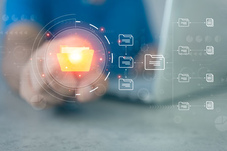 Man process automation to efficiently manage files, knowledge and documents in an organization with enterprise business technology ERP. Document management system conceptの写真素材