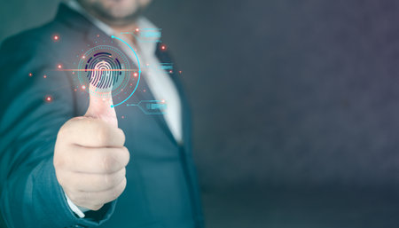 Businessman scam safe fingerprint scanning and biometric authentication, processing of biometric for...