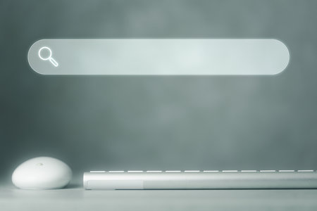 Keyboard and mouse computer on table in office with searching browsing bar. Search engine optimization the internet with search bar. Best SEO technology networking, Searching browsing concept.の写真素材