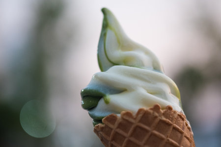 Matcha two tone soft serve ice cream on blur background