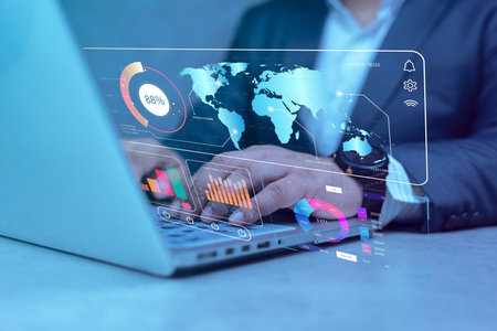 Businessman uses a computer and dashboard to analytics big data analysis technology future, metrics connected to the database for technology finance. Data flow concept. Big data technologyの写真素材