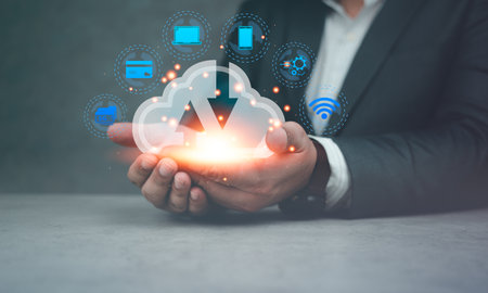 Man showing virtual screen with cloud computing diagram. Digital technology network service business in wireless storage concept. Implementing storage technology support in the business.の写真素材