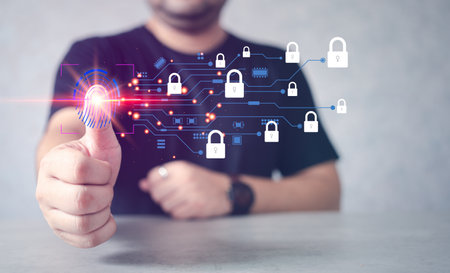 Person scans fingerprint biometrics identity to confirm lock the security technology system. Smart...