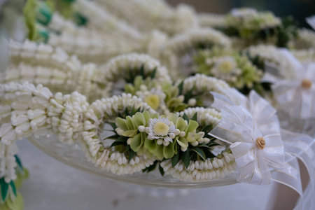 Flower garland for bride and groom in Thai wedding. Thai called Phuang Malaiの写真素材