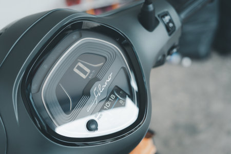 Samut Prakan - July 29, 2023 : Digital dial on smart scooter, Yamaha Grand Filano Hybrid Connected...
