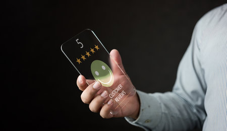 Customer Experiences review satisfaction feedback survey concept. Top smile satisfaction and top star for service. Best excellent business services rating customer experience.の写真素材