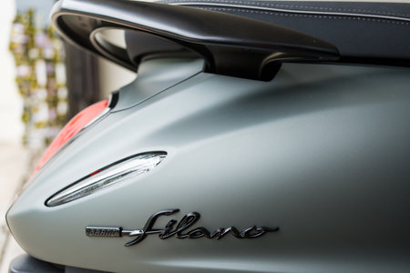 Samut Prakan - August 6, 2023 : Details a logo Grand Filano from smart scooter on Yamaha Grand Filano Hybrid Connected 2023, Luxury Gray. The new premium and save fuel with blue core hybrid engineのeditorial素材