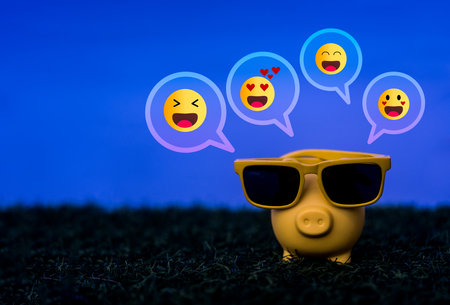 Piggy Bank or piggy bank wearing sunglasses with leve emotion icons in speech text. Relaxing concept