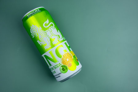 Samut Prakan, Thailand - August 31, 2023 : New products from Singha. A canned of SINGHA UME LEMON...