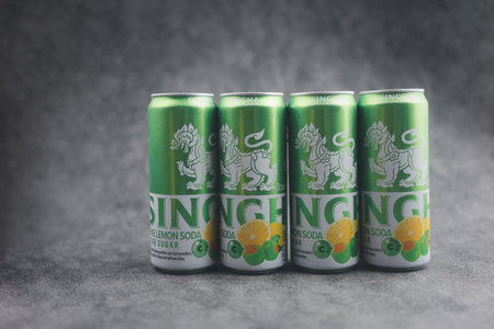 Samut Prakan, Thailand - August 31, 2023 : A can of SINGHA UME LEMON SODA no sugar, 0 kcal. The brand is SINGHA, one of most famous beverage brand in Thailand.のeditorial素材