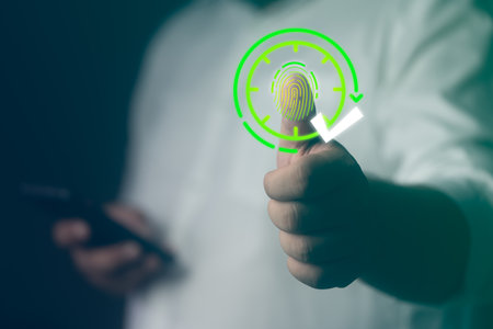 Fingerprint scan icon on visualizer screen while finger scanning for security access to check in...