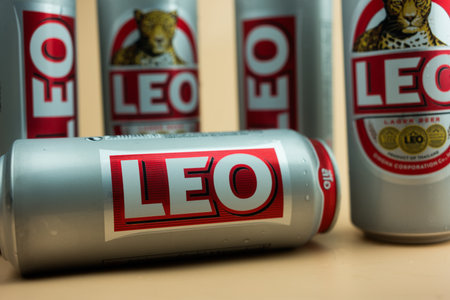 Samut Prakan, Thailand - October 15, 2023 : Can of Leo Beer, new design can. Leo Beer is most...