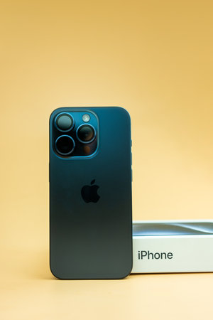 Bangkok, Thailand - October 15, 2023:  The Apple new iPhone 15 Blue titanium colour and box. The...