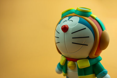 Samut Prakan, Thailand - October 15, 2023 : Plastic drink toy Doraemon to promote the movie of...