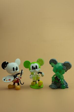 Bangkok, Thailand - October 16, 2023 : Cute Pop Mart toy figurine. Three character of POPMART Disney...