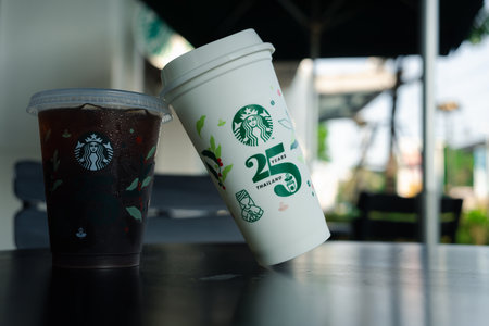 Bangkok, Thailand - October 16, 2023 : 25th Anniversary, Starbucks Thailand, get 1 free when...
