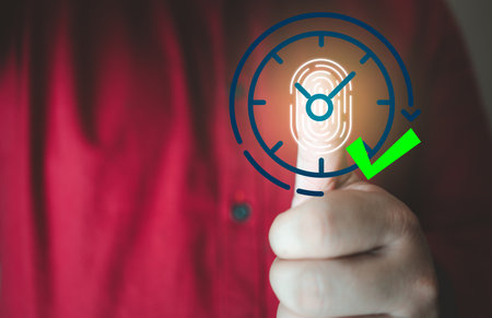 Employees fingerprint scan for biometrics, digital time recorder attendance. Sensors to record...