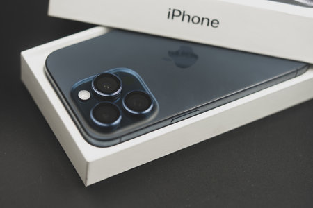 Bangkok, Thailand - October 23, 2023: The latest iPhone 15 Pro Blue titanium. A tech smartphone...