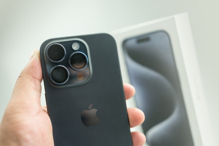 Bangkok, Thailand - October 27, 2023 : Apple launch new smartphone iPhone 15 Series, Blue titanium...