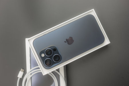 Bangkok, Thailand - October 27, 2023: Apple iPhone 15 in front of a box, launched on September 2023,...