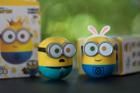 Bangkok, Thailand - October 27, 2023 : A Minions Random Box of tumbler Minions a collection of Minions BOB 1.0, randomly to 12 and secret 1 designs, sall in Miniso shop at Thailandのeditorial素材
