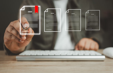 Paperless workplace idea, e-signing, electronic signature, document management system (DMS). A...