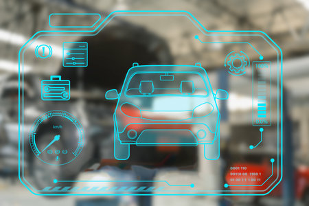 Car service technology and networking on virtual screens. Check the conditions of quality warranty and service repair auto part of car service process.の写真素材