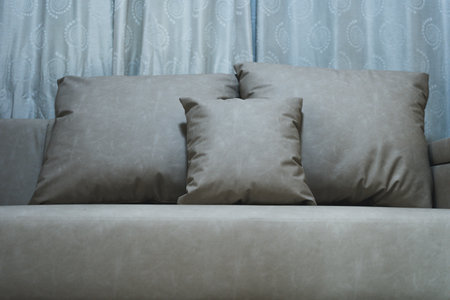 Cream color pillow on beautiful leather sofa living bed in homeの写真素材