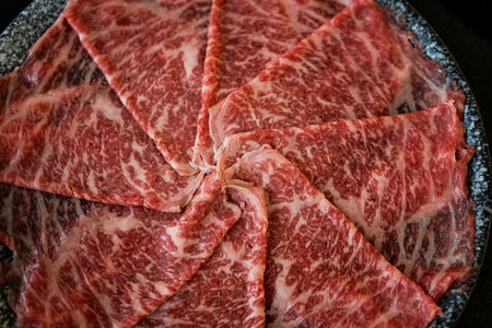 Premium rare slices pork with high marbled texture for Sukiyaki and Shabu.の写真素材