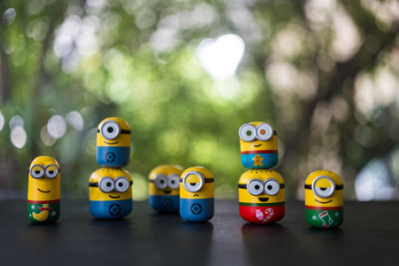 Bangkok, Thailand - November 23, 2023 : Cute a little Minion character from Opening a Q-TOPPING 1.0 Blind Box from Miniso Thailandのeditorial素材