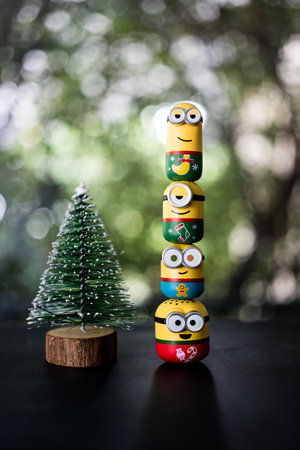 BANGKOK, THAILAND - November 30, 2023 : Minions Q-TOPPING Christmas Version. Cute a little Minion character of Christmas Versionのeditorial素材