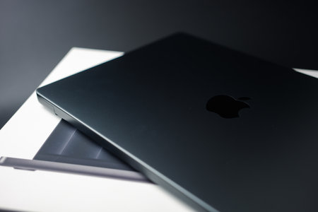 Bangkok, Thailand - December 12, 2023 : A new modern design of space black colour of Apple MacBook...
