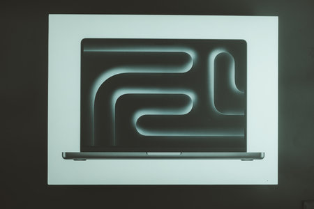 Bangkok, Thailand -December 12, 2023 : A Box of Apple MacBook Pro, M3 Max, Space black colour, processor designed by Apple Incのeditorial素材