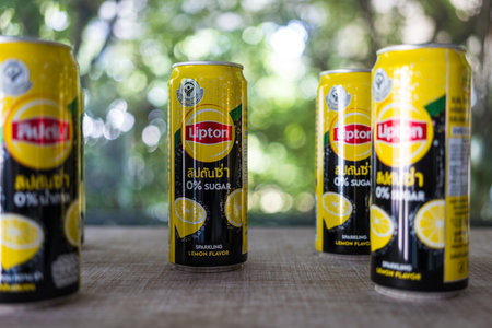 Bangkok, Thailand - December 12, 2023 : Cans of Lipton ice tea sparkling lemon flavour with no sugar, 325 ml.のeditorial素材