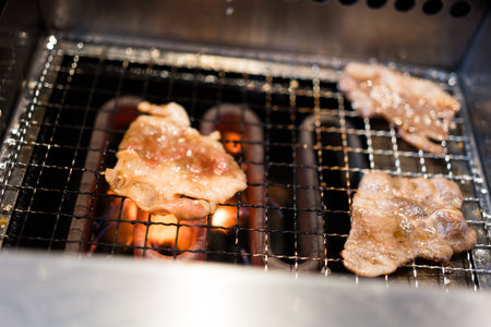 Grill japanese wagyu beef on electric grill. Delicious juicy beefの写真素材