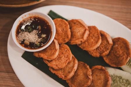 Fried Vietnamese pork sausage sliced on banana leaf served with sweet chili sauceの写真素材