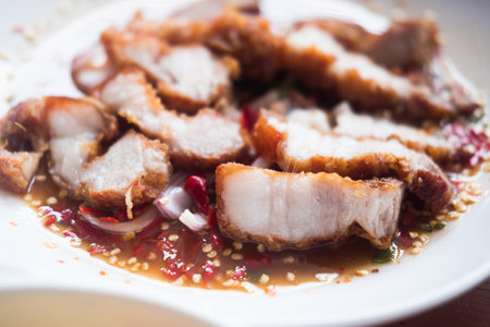 Thai food spicy crispy pork saladの写真素材