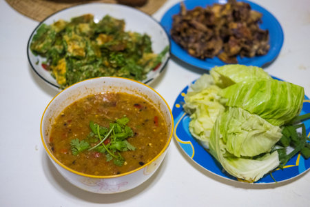 Many Thai food places on the table. Concept of Thai homemade food.の写真素材