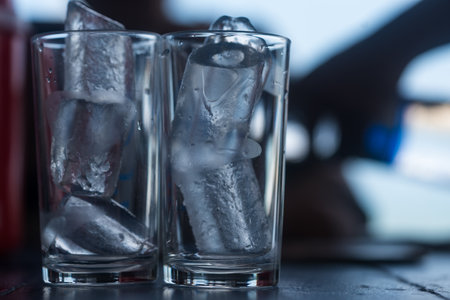 Glass water with ice water in glass. Close upの写真素材