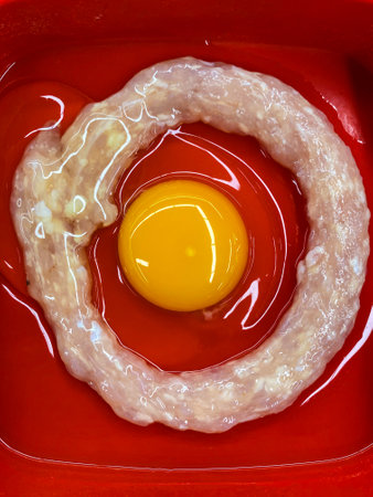 Marinated pork with chicken egg on red tray. Top viewの写真素材