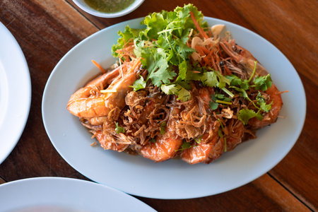 Fried Shrimp with tamarind sauce. Thai Asian food menu. Spicy sweet and sour tasteの写真素材