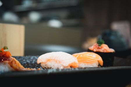 Appetizing variety of kinds of sushi. Close upの写真素材