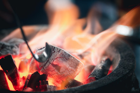 Firewood burns in a small stove. Close upの写真素材