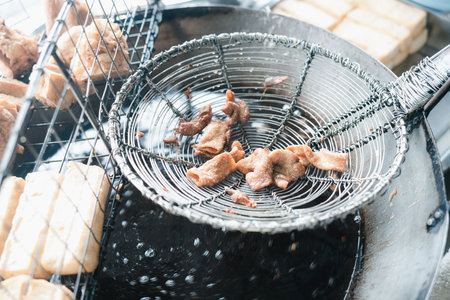 Making fried entrails of pig in hot oil, Phuket traditional food is called Loba. Loba is deep fried entrails of pig Phuket food,  is one of the most famous local food in Phuket, Thailandの写真素材