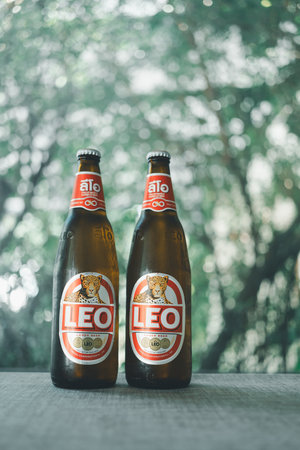 Bangkok Thailand, 24 December 2023 : Leo beer logo, Thai beer, Leo beer, international Thai beer. Thai people like to drinkrのeditorial素材